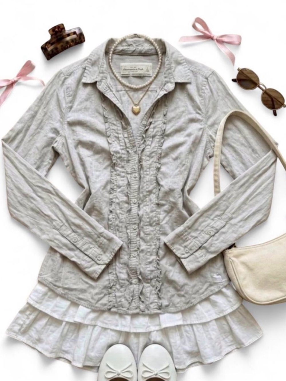 Vintage 2000s Abercrombie & Fitch Coquette Ruffle Pinstripe Button Down Blouse